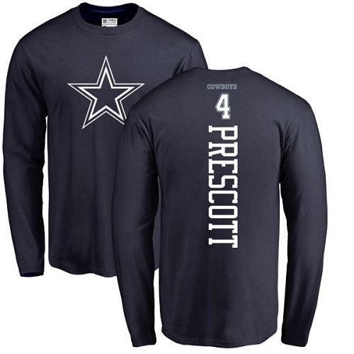 Men Dallas Cowboys Navy Blue Dak Prescott Backer #4 Long Sleeve Nike NFL T Shirt